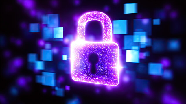 Neon Padlock With Floating Data Blocks Cybersecurity Concept