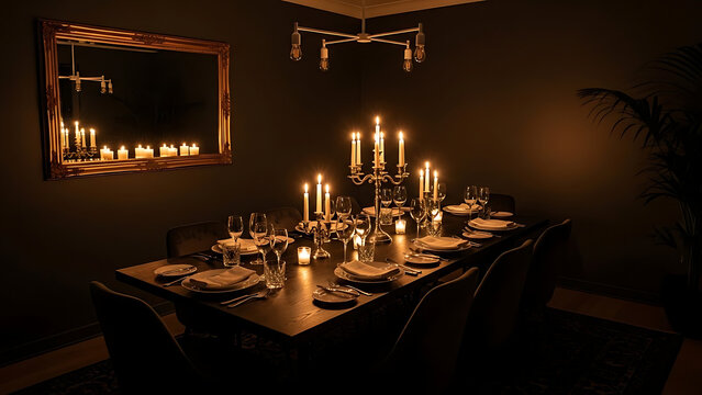 Elegant dining table set for a formal dinner party features glowing candles silver candelabras fine crystal glassware and white napkins in a dark moody room interior