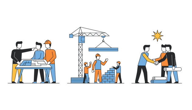 Construction project lifecycle thin line scenes showing planning, building, and shaking hands on final agreement.