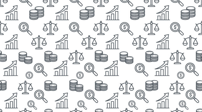Seamless pattern of business and finance icons with scales, coins, and charts.