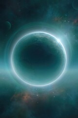 Fototapeta premium Dark planet with glowing rim against distant nebula field