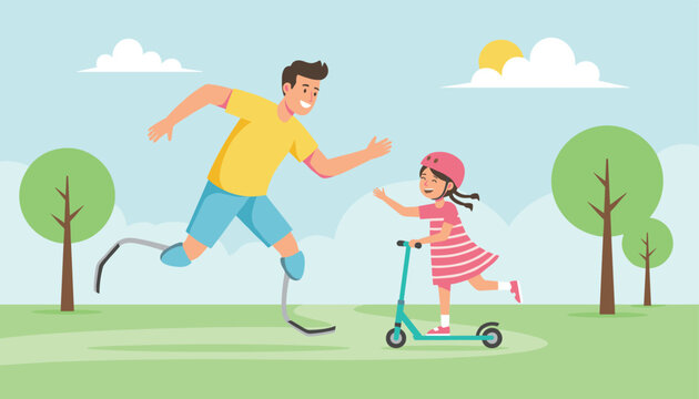 Happy father with prosthetic running blades exercising in a park with his little daughter riding a kick scooter.