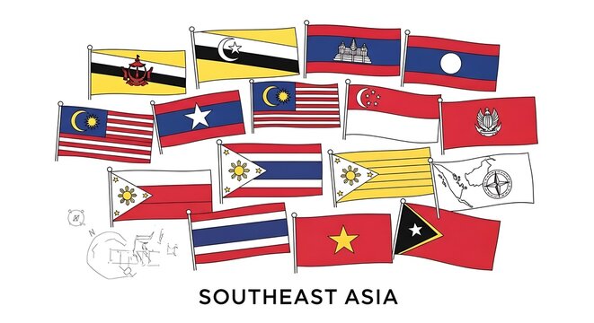 Colorful Southeast Asia country flags collection illustration.