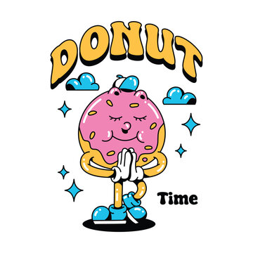 Hand drawn character Of Donut Time Pose Retro Cartoon Groovy Style