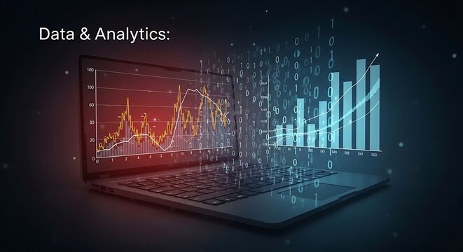 Digital data analytics visualization with glowing graphs and charts.