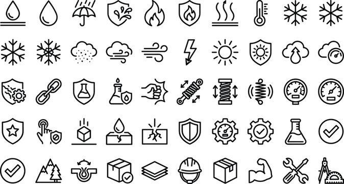 Material properties and industrial resistance vector line icons set for fabric protection and product quality