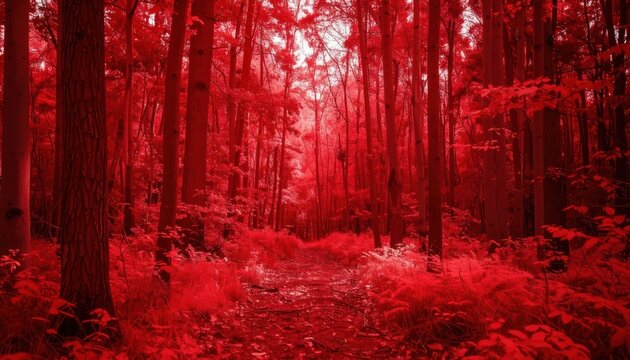 Path through a vibrant red forest under bright light.