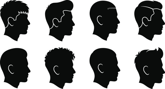 Men Hairstyles Silhouette Profile Icon Set with Modern Haircuts and Barber Style Collection