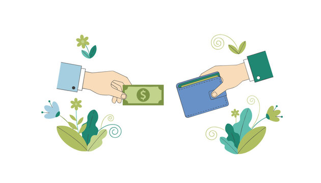 Hands transferring dollar cash from one hand to a blue leather wallet, surrounded by spring flowers and leaves.