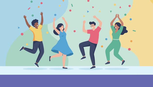 Four cheerful young friends jumping and dancing together in a celebration party with colorful falling confetti.