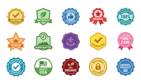 Collection of certification stamps and verified product seals flat icon set