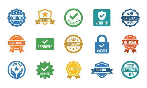 Collection of certification stamps and verified product seals flat icon set