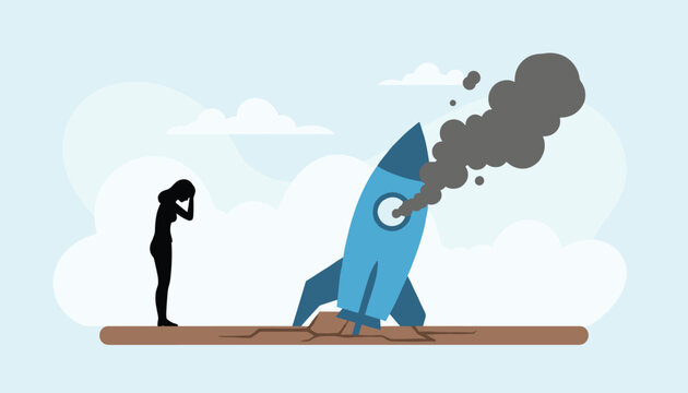 Distressed woman silhouette expressing failure and sadness next to a crashed rocket emitting thick dark smoke on light blue background.