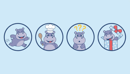 Fototapeta premium Adorable set of four round icons featuring a cute cartoon hippopotamus character in various fun poses and active situations.