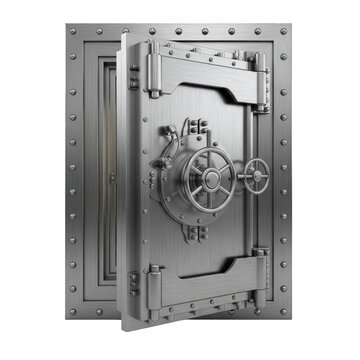 Bank vault door with combination lock and metal bolts, isolated on white background