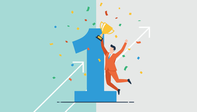 Businessman celebrating success by jumping and holding a trophy next to a giant number one on split background.