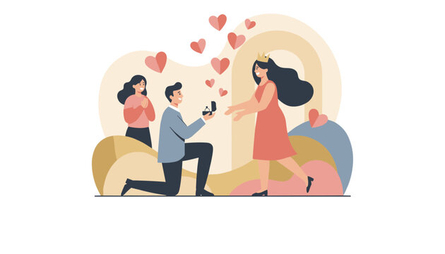 Romantic marriage proposal scene with a man on one knee presenting ring to his partner as a friend claps in joy.