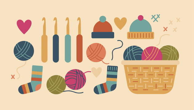 Colorful flat vector set of knitting and crochet elements including yarn balls basket crochet hooks and winter socks.