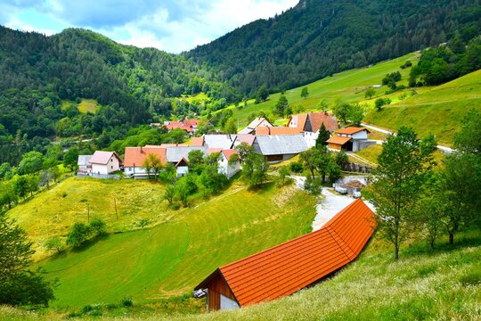 View of Strži&scaron;če village with green pasture and forest in Ba&scaron;ka Grapa in Primorska, Slovenia