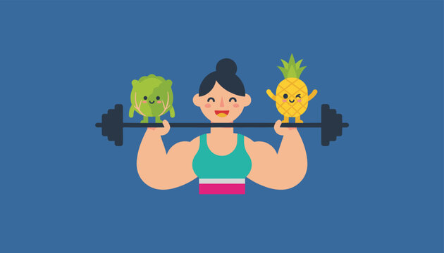 Powerful athletic woman lifting a barbell with cute cartoon cabbage and pineapple weights, promoting healthy lifestyle.