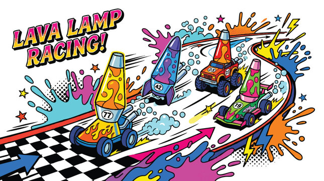 Cartoon race of lava lamp vehicles speeding on a checkered track