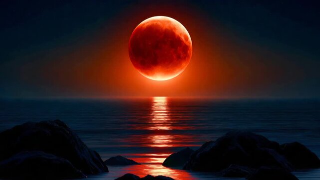 Red Blood Moon Eclipse Over Calm Ocean Horizon at Night