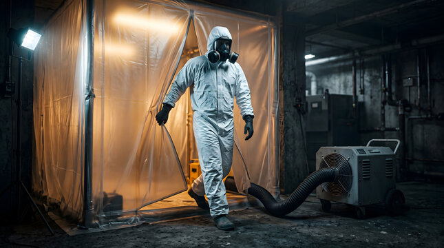 Person in hazmat suit and respirator exiting containment tent with ventilation unit.