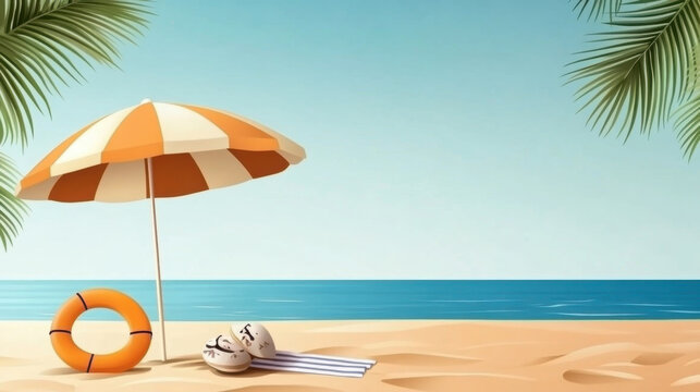 Scene cartoon sea beach, Sun lounger with plastic ball, bag, umbrella on sand beach
