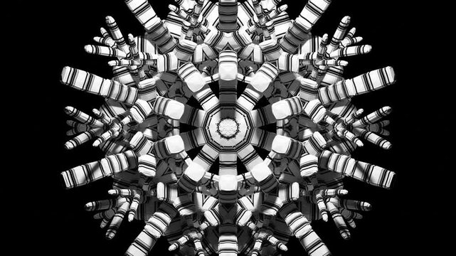 3d render video animation of black and white monochrome alien fractal object based on geometric figures as cubes, triangles, and pyramids, in white glossy ceramic material on a black background 