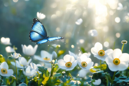 Beautiful spring background with blue butterfly in flight and flowers anemones in forest on nature