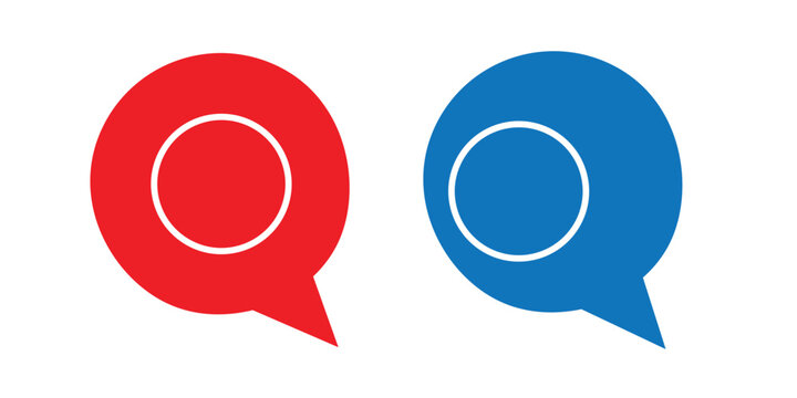 Red and blue chat speech bubble icons set with inner circle line. Modern minimalist communication logo template or letter Q abstract element vector.