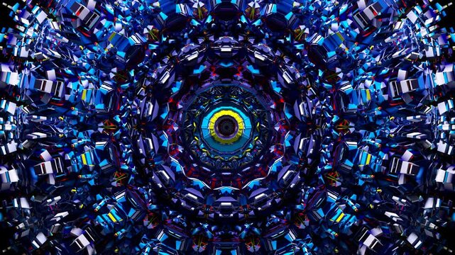 3d render video animation of 3d background with part of an alien fractal object based on geometric figures as cubes, triangles, and pyramids, in white ceramic material with color decorative parts in b