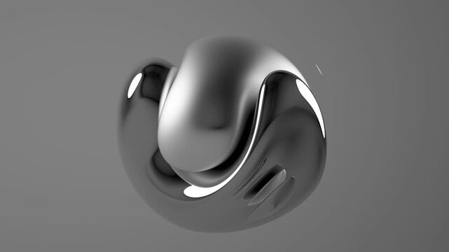 3d render of abstract art with surreal 3d organic alien ball or liquid substance in curve wavy smooth and soft bio forms in matte aluminium and glossy silver metal material with dark parts on grey 