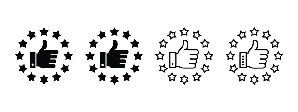 Thumbs up and five stars icon collection, customer feedback and satisfaction symbols, best rating review graphics, excellent service quality badges, positive recommendation elements modern flat vector