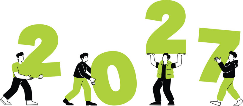 Happy New Year 2027 Flat Vector Concept with People Characters Carrying Big Green Numbers for Future Success Celebration and Business Planning