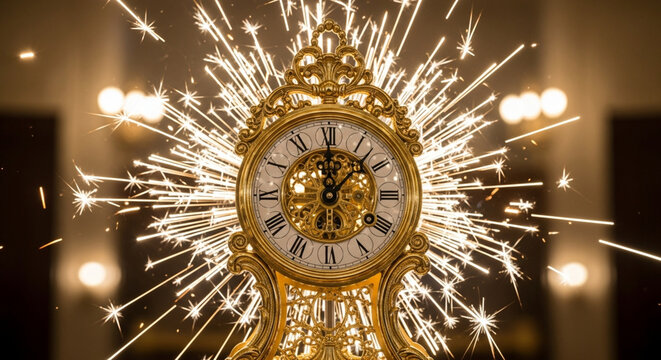 Antique golden clock face with exploding sparkler lights