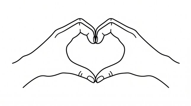 Two hands forming a heart shape, symbolizing love, care, and unity in minimalist black‑outline vector style.