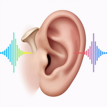 Soft Shading 3D Ear. A Colorful, 3D Medical Illustration Of A Human Ear And Sound Waves