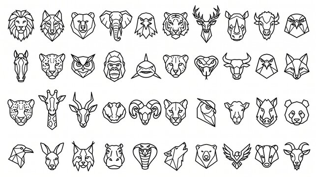 Minimalist geometric animal head icons with angular lines, symbolizing strength, diversity, and stylized nature in clean vector style.