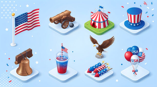 Isometric usa independence day holiday icons set