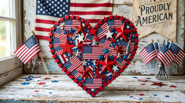 Heart shape made of american flags and stars for july 4th