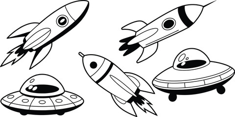Space Rocket Icon vector illustration featuring vintage spaceships flying saucers science fiction space exploration astronomy adventure and futuristic symbols © Rashed