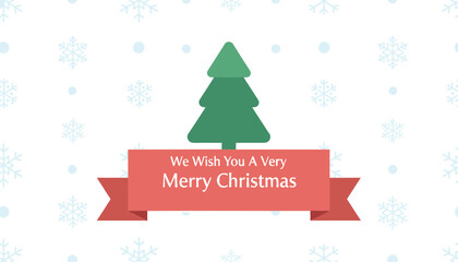 Naklejka premium We wish you a very merry christmas beautiful greeting card showing a simple green pine tree and a red ribbon banner.