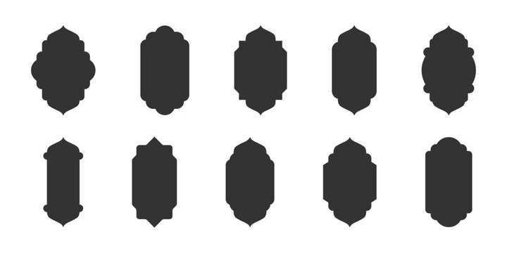 Set of Islamic shape of door or window in flat and outlined. Arabic frames or old mosque frame set in oriental style. vector illustration