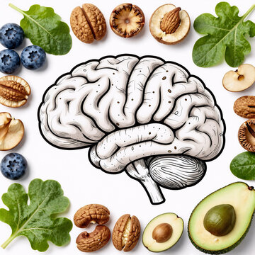 Line Art Brain Walnut. Consuming Nuts And Human-Abstracted Brain Food Enhances Cognitive Function