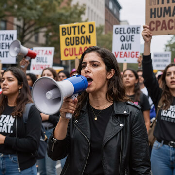Holographic Megaphone Upset. Angry Black Woman Leads A Rally For Gender Equality And Human Rights In City Crowds