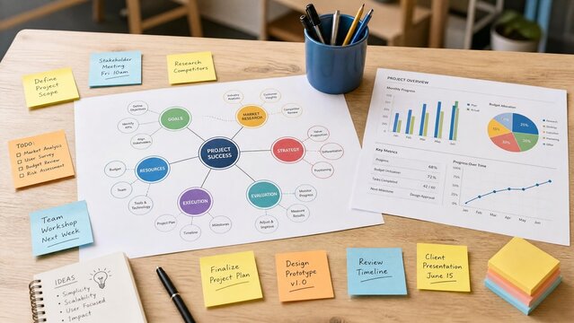 Business Project Management Planning with Mind Map and Financial Data Charts