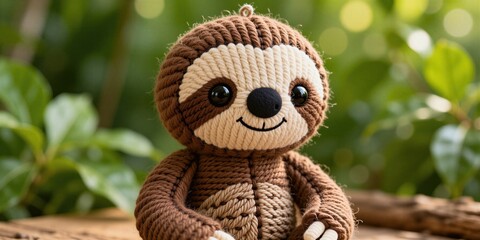 Fototapeta premium Crocheted sloth toy sits on wooden surface against blurred green foliage. This cute stuffed animal is perfect for kids room decor or as a comforting companion.