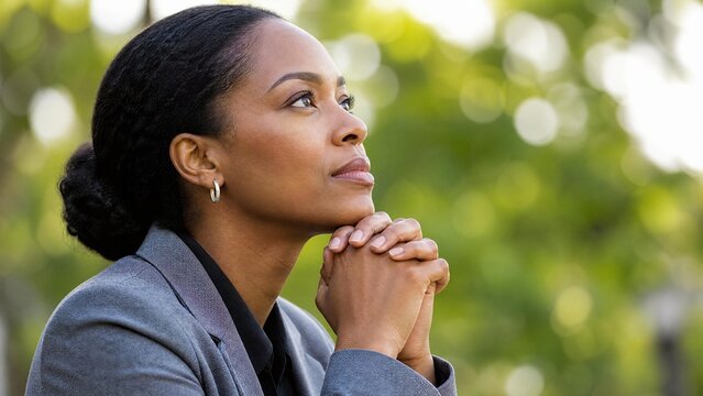 Thoughtful Black Businesswoman Looking Up in Contemplation and Hope Outdoors