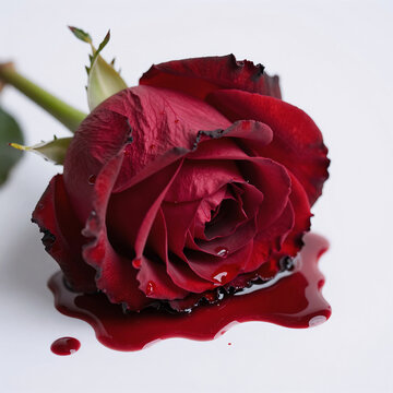 Noir Blood Romantic. Romantic Agony: Bleeding Red Rose And Pool Of Blood Symbolize The End Of A Relationship, Set Against A Clean White Background